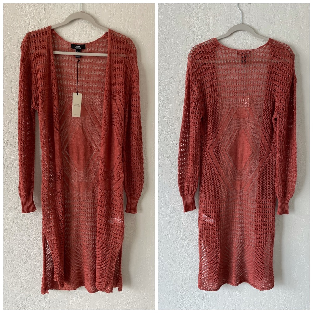 New! Urban Heritage crocheted knit lace open front long duster cardigan
